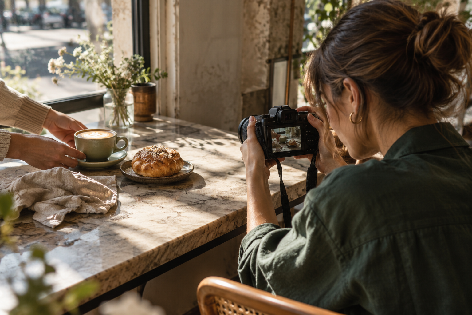 Illustrative scene of a creator filming a coffee cup